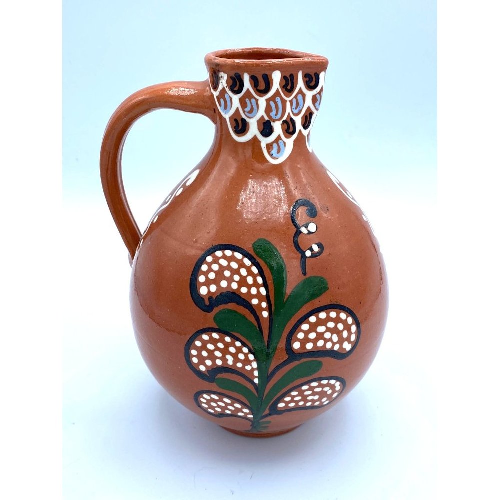 Ceramika Kazsvbska Clay Pottery Handpainted Pitcher Vase 7 in. Poland/Signed #90
